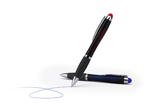 2 stylos à bille logo LED rouge ou noir, avec corps noir, agrafe, anneau et pointe en acier