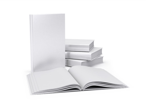 Livre à couverture rigide blanc ouvert et fermé sur fond blanc