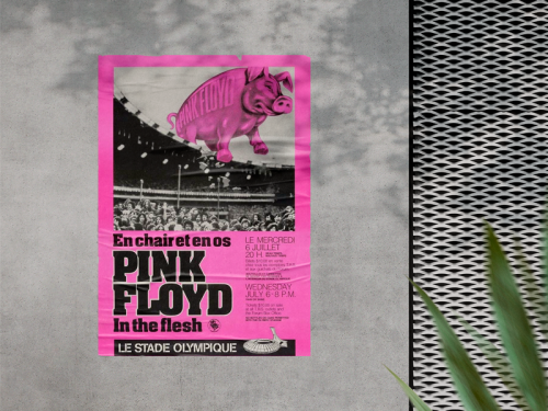 Affiche classique fluo rose PINK FLOYD collée sur un mur