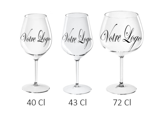 3 verres à pied réutilisables du plus petit au plus grand avec inscription Votre logo sur fond blanc