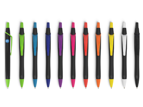 11 stylos à bille Schneider Pen Reco avec corps noir et agrafe, bouton et pointe colorée