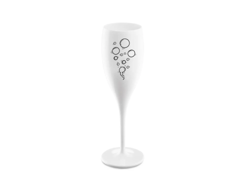 Verre à champagne réutilisable opaque blanc avec dessin bulles sur fond blanc