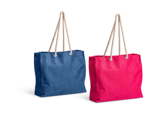 2 sacs en jute avec anses, bleu et rouge
