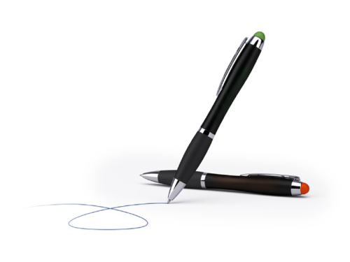 2 stylos à bille logo LED vert ou rouge, avec corps noir, agrafe, anneau et pointe en acier