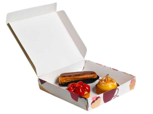 Boîte alimentaire carrée avec trois pâtisseries à l'intérieur