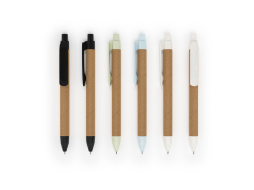6 stylos à bille en liège et fibre de paille avec agrafe, bouton et pointe de couleurs différentes