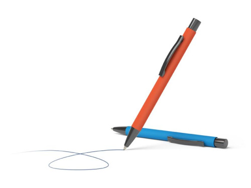 2 stylos à bille Soft Touch avec corps orange ou bleu et agrafe, bouton et pointe en métal