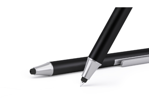 Zoom sur les 2 stylos à bille premium en aluminium avec agrafe, bouton et pointe en acier