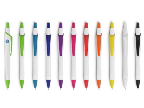11 stylos à bille Schneider Pen Reco avec corps blanc et agrafe, bouton et pointe colorée
