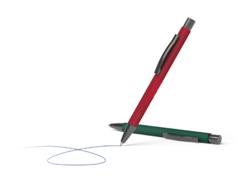 2 stylos à bille Soft Touch avec corps rouge ou bleu et agrafe, bouton et pointe en métal